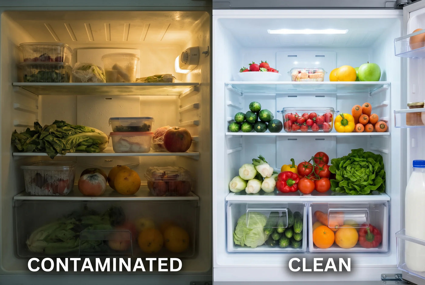 Before and after — contaminated vs clean fridge environment