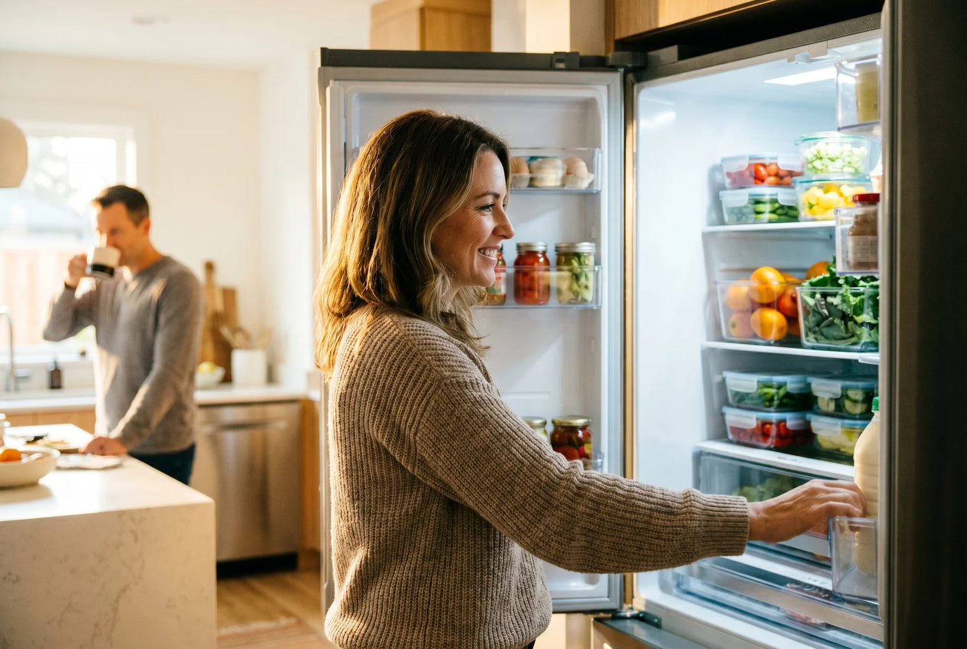 Family enjoying fresh food from a clean refrigerator
